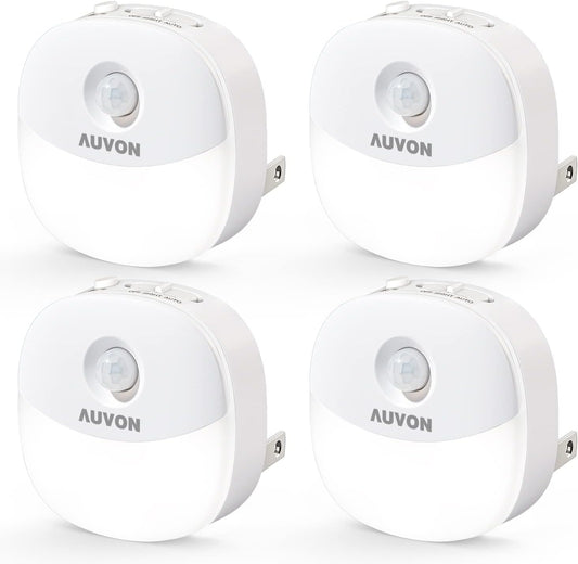 AUVON Plug in Night Light with Motion Sensor and Dusk to Dawn Sensor, Mini Cool White LED Nightlight with 1-50 lm Adjustable Brightness for Bathroom, Hallway, Stairs, Bedroom, Kitchen, 4 Packs