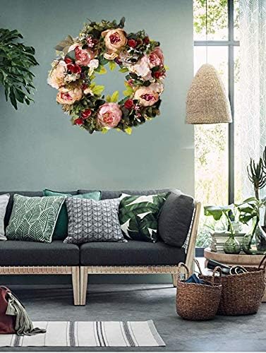 Peony Spring Wreath for Front Door, Handmade Pink Floral Wreath Artificial Spring Garland Wreath for Front Door Wall Wedding Party Home Deco