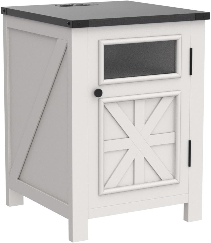 JXQTLINGMU Farmhouse End Table with Charging Station, 18'' Rustic Nightstand with Barn Door & Adjustable Shelf, Wooden Sofa Side Table with 3-Tier Storage for Living Room, Bedroom, White