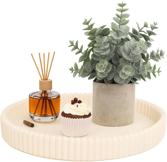 11.8in Decorative Tray for Coffee Table Decor- Modern Oval Concrete Tray for Home Decor- Minimalist Handcrafted Centerpieces Tray for Living Room, Kitchen Dining Table, Entryway (Beige)