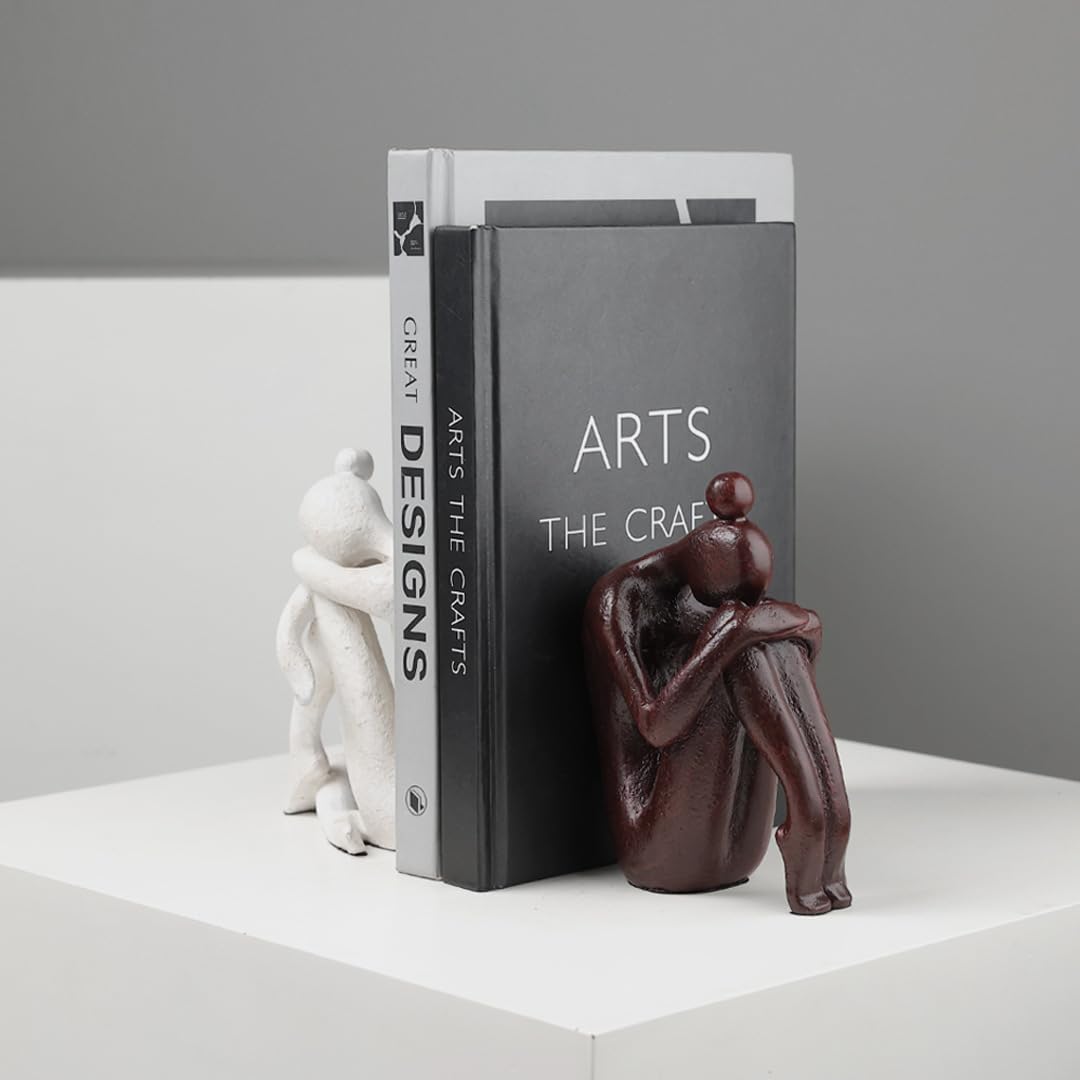 Decorative Bookends for Shelves, Unique Book Ends for Home Office Decor, Meditation Girl Statue Book Stopper for Bookshelf Decor, Modern Abstract Aesthetic Decoration White & Brown