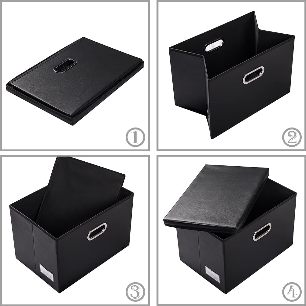 PRANDOM Extra Stackable Storage Bins with Lids [5-Pack] Leather Fabric Foldable Storage Boxes Organizer Containers Baskets Cube with Cover for Bedroom Closet Office Nursery Black (22.8x15.7x13.8)