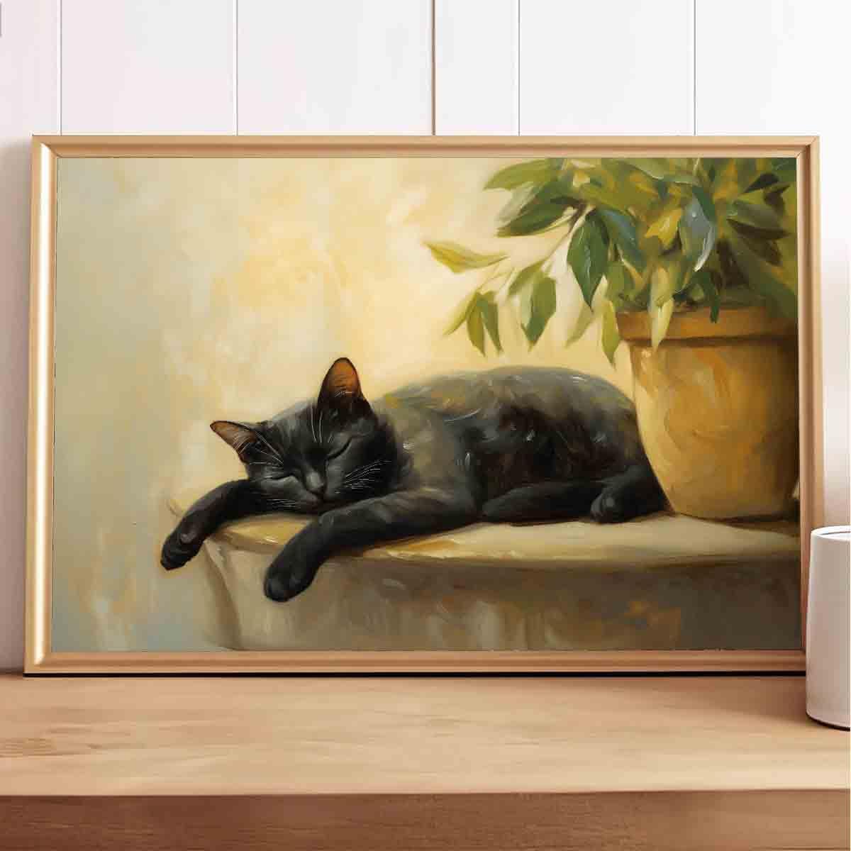 Black Cat Poster Lovely Cat Sleeping Picture Retro Plant Wall Art Still Life Painting Vintage Vase Canvas Animal Artwork Plant Living Room Decor 16x24inch No Frame