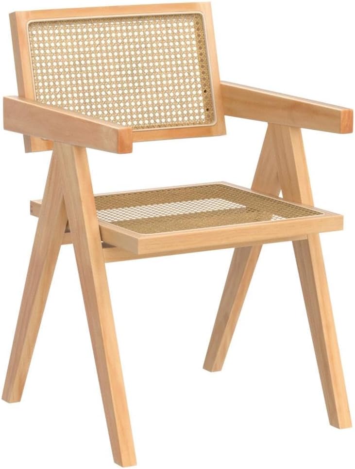 Rattan Dining Chairs Set of 2, Wooden Armchair Cane Kitchen Chairs with Arms, Light Walnut Color