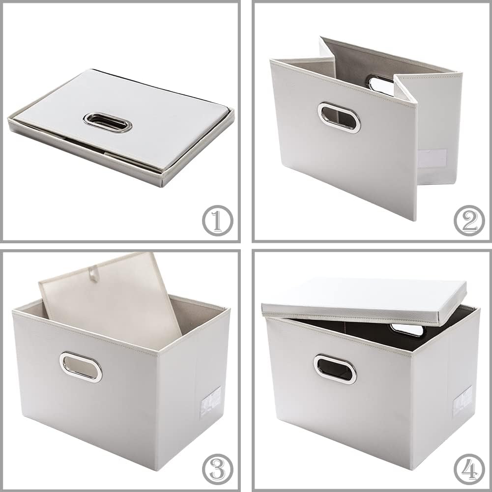 PRANDOM Large Collapsible Storage Box with Lid [1-Pack] Leather Fabric Foldable Storage Bin Organizer Container Basket Cube with Cover for Home Bedroom Closet Office Nursery White (17.7x11.8x11.8)