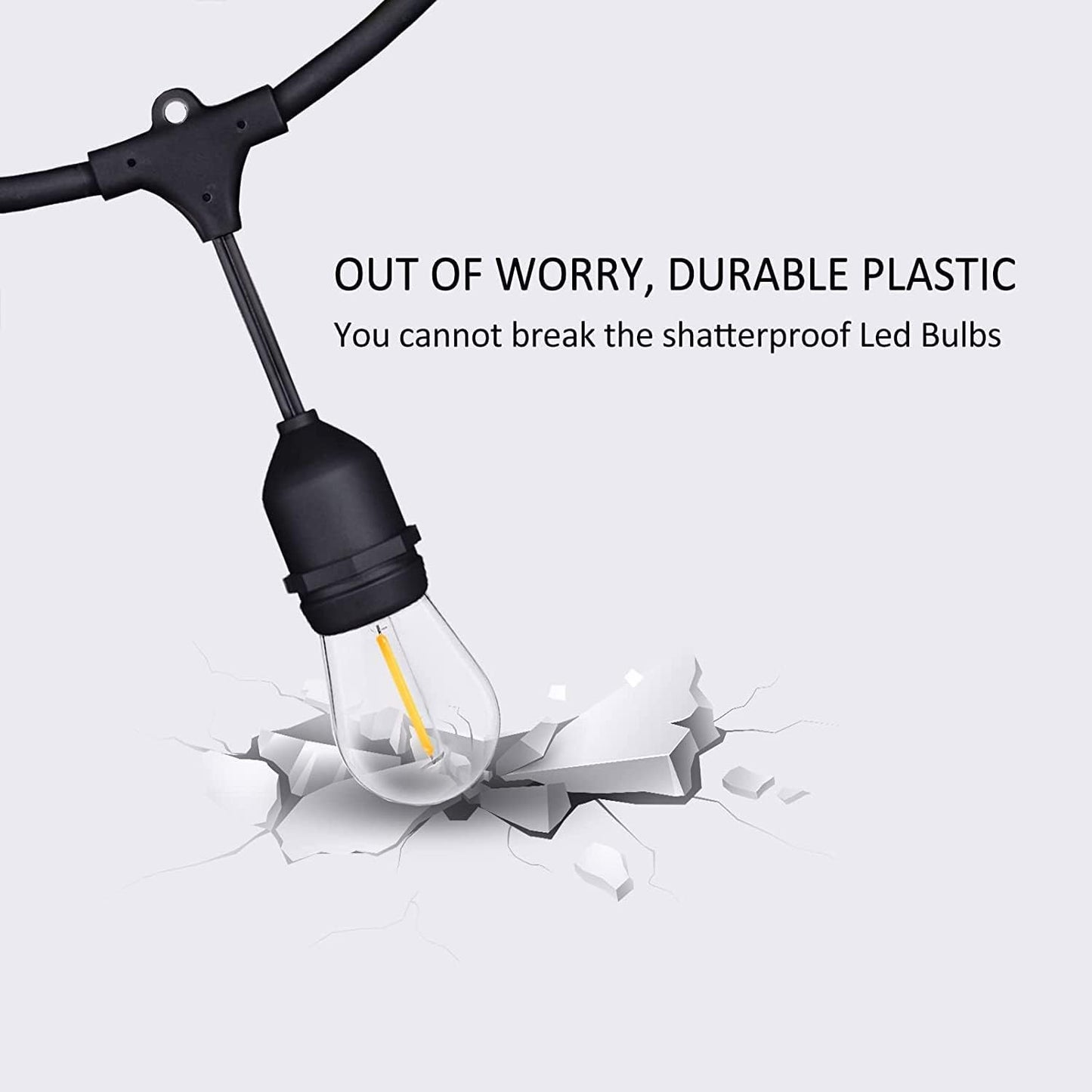 48FT Outdoor String Lights LED Heavy-Duty Waterproof Patio Lights with 16 Shatterproof Plastic 2200K Warm White Bulbs for Patio Gazebo Pergola Cafe Market Bistro