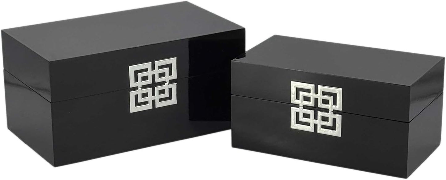 Galt International Storage Box Set Decorative Storage Box w/Hinged Lid Classic Design Wood Decor Boxes with Geometric Clasp Storage for Bedroom & Home - Set of 2 (Black & Silver)