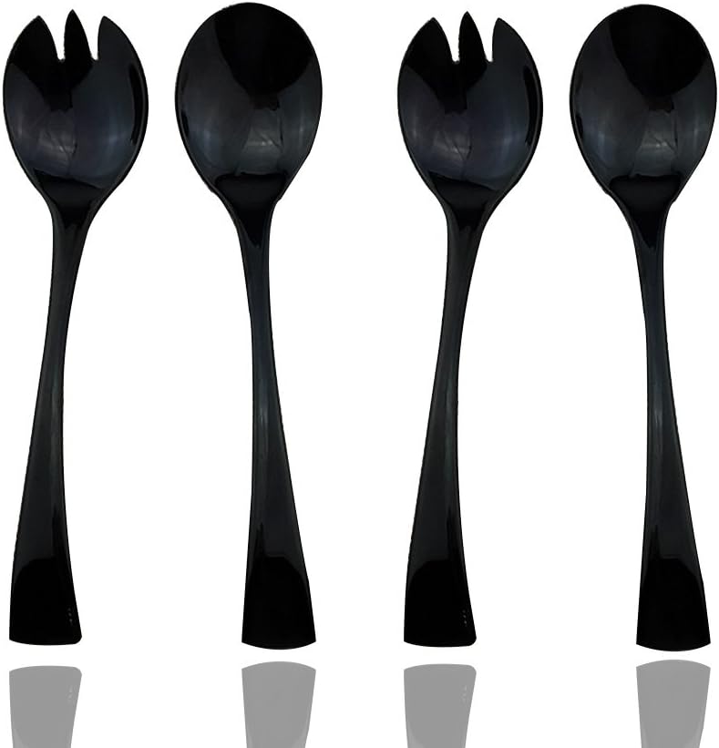 JASHII 18/10 Stainless Steel Mirror Polished Black 2 Pcs Salad Fork & 2 Pcs Salad Spoon Black Server Utensil Set