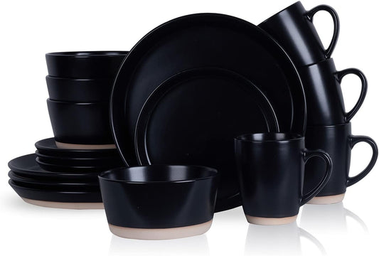 Stone Lain Jules Modern Stoneware 16-piece Round Black Dinnerware Set, Plates and Bowls Sets, Dish Set for 4, Black