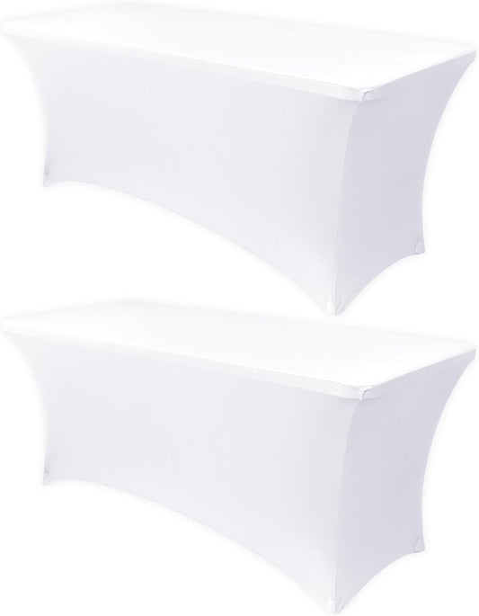 Obstal 8Ft Stretch White Spandex Table Cover for Standard Folding Tables - 2 Pack Universal Rectangular Fitted Tablecloth for Party, Banquet, Events, Trade Show (White, 96L x 30W x 30H Inches)