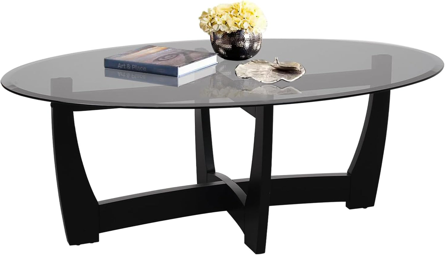 48" Oval Glass Coffee Table with Black Tempered Glass Top Cross and Solid Wood Base Simple & Modern Center Table for Living Room Office Apartment Black