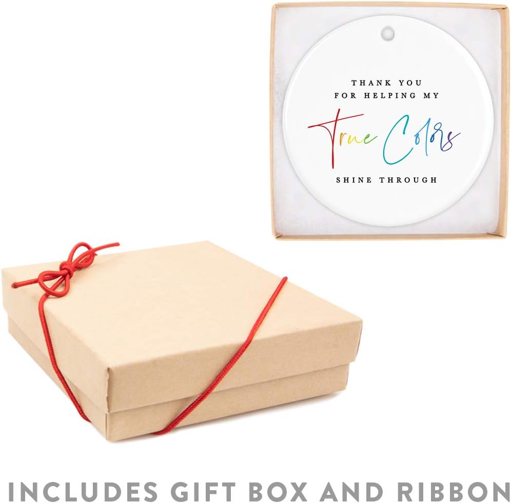 Andaz Press Round Ceramic Porcelain Christmas Tree Ornament for Teacher Thank You Appreciation Graduation Gift, Thank You for Heling My True Colors Shine Through, Rainbow Graphic, 1-Pack