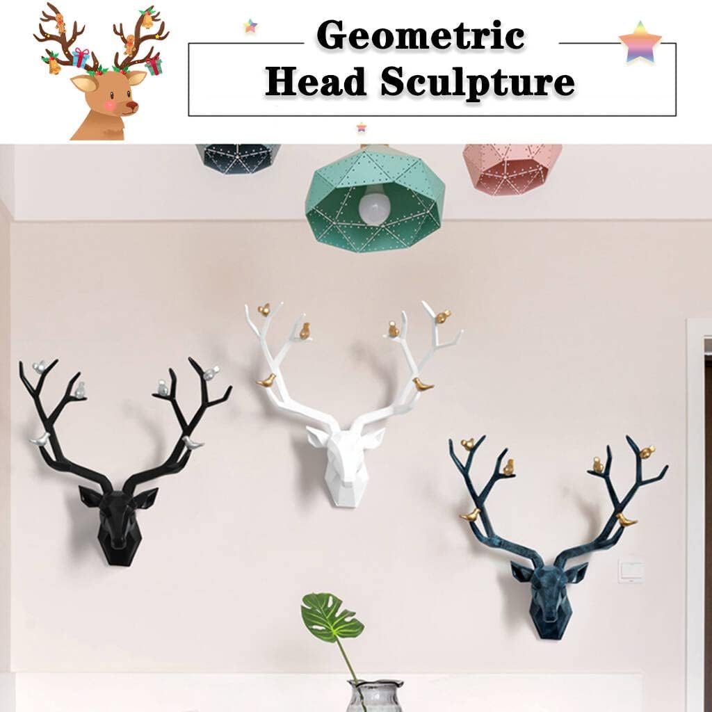Deer Head Wall Decor Geometric Rustic Wall Mounted Deer Head, Faux Taxidermy Animal Head Wall Art Pendant, Handmade Resin Head Sculptures for Porch, Detachable Antlers, 6 Styles(Blue,20.1x20.4IN)
