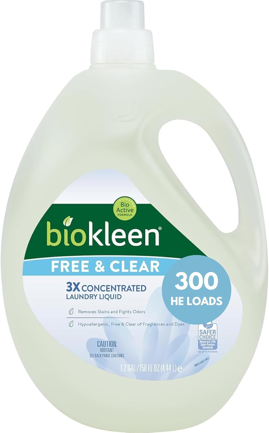 Biokleen Free & Clear Natural 3X Concentrated Liquid Laundry Detergent, 300 Loads, Plant-Based, Hypoallergenic, Removes Stains & Fights Odors, Dye Free, Unscented