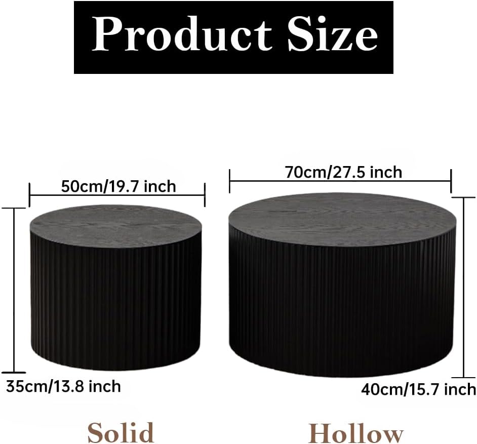 Black Nesting Coffee Table Set of 2 Modern Round Fluted Coffee Table Small Round End Table Side Table Circular Coffee Tables Circle Nested Coffee Tables for Living Room (Black Large)