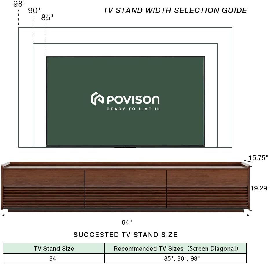 POVISON Fully-Assembled Mid Century Modern TV Stand, 94.49" Wood Media Console with Adjustable LED Light, Entertainment Center with Storage for Living Room
