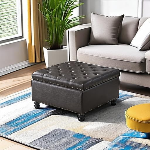 Square Storage Ottoman Bench Ottoman Coffee Table Bench Oversized Coffee Table Ottoman Bench with Storage for Living Room, Brown