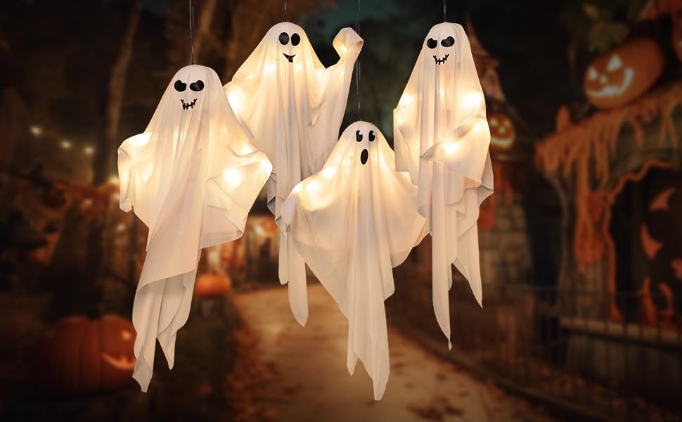 4 Pack Halloween Hanging Ghosts, 27.5 Inch with Light Up Ghost Kit for Indoor Outside Ornaments, Spooky Yard Tree Halloween Decorations Outdoor, Party Décor