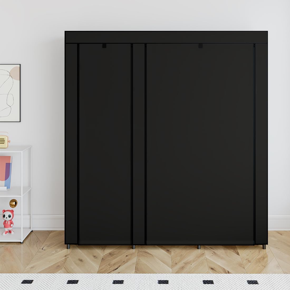 SORCEDAS Portable Closet Wardrobe Storage Organizer Metal Hanging Rack Non-Woven Fabric 50 Inch (Black)