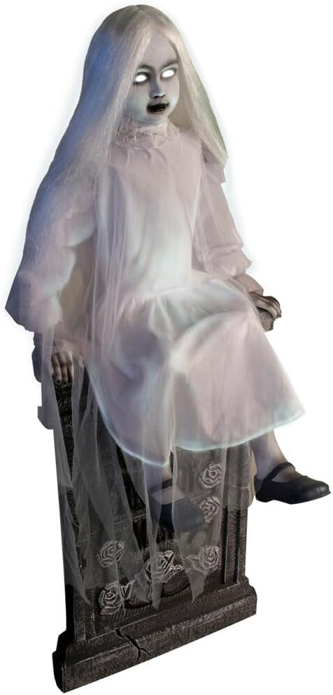 Haunted Hill Farm Motion-Activated Sitting Tombstone Girl by Tekky, Talking Animatronic for Indoor or Covered Outdoor Creepy Halloween Decorations, Plug-In or Battery Operated Prop