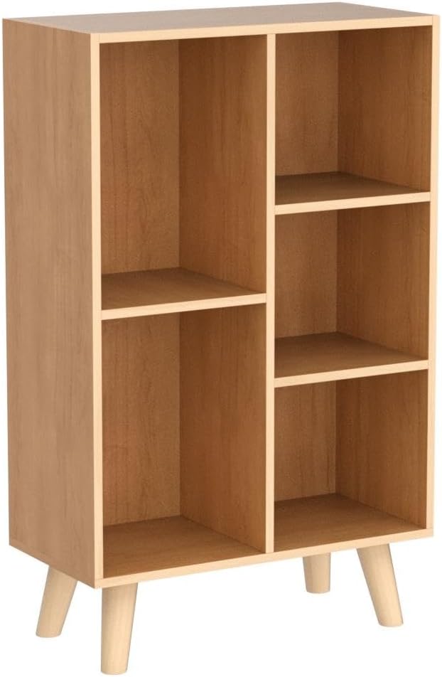 IOTXY Wooden Open Shelf Bookcase - 3-Tier Floor Standing Display Cabinet Rack with Legs, 5 Cubes Bookshelf, Pear Yellow
