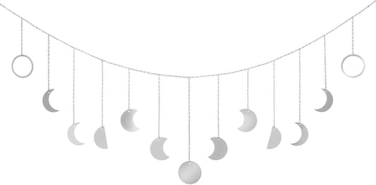 Mkono Moon Phase Wall Hanging Boho Aesthetic Room Decor Metal Moons Garland Hanging Art Bohemian Home Decoration for Girls Room Nursery Bedroom Livingroom Dorm, Ideal, Silver, 55"