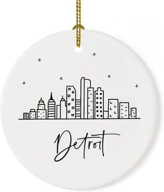 Andaz Press Round Ceramic Porcelain Christmas Tree Ornament Keepsake, Detroit Black and White Stars City Skyline Graphic, 1-Pack, Birthday Gift Idea for Family, Coworker, Him, Her, Includes Gift Box