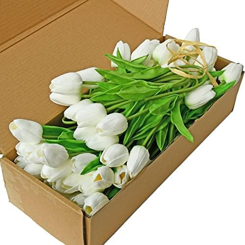 Mandy's Artificial Tulips 60 Stems White PU Faux Flowers for Wedding Home Decor 13.5 Inch
