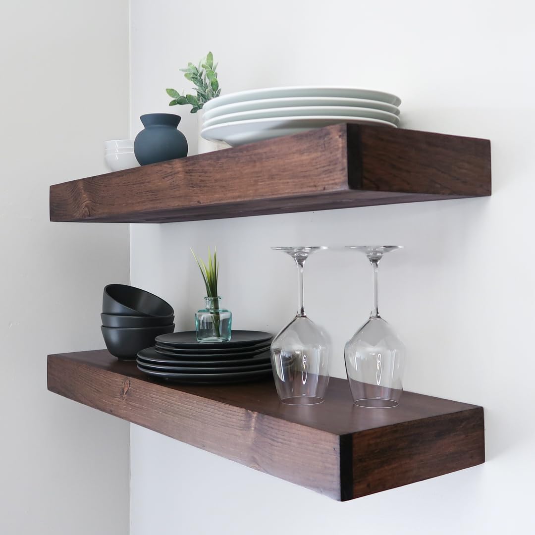 Modern Floating Shelves 3 Inches Thick for Wall, Wide Shelves for Kitchen, Living Room, Bedroom, and Bathroom, Natural Pine Wood, Rustic Wooden Shelf, (Set of 2) (Provincial, 48Lx3Hx8D)