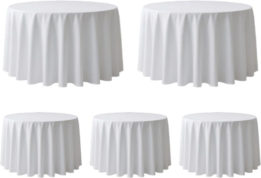 Surmente 132 inch Round tablecloths -5 Pack White Round Table Cloths, Polyester Fabric Table Covers for Weddings, Banquets, or Restaurants