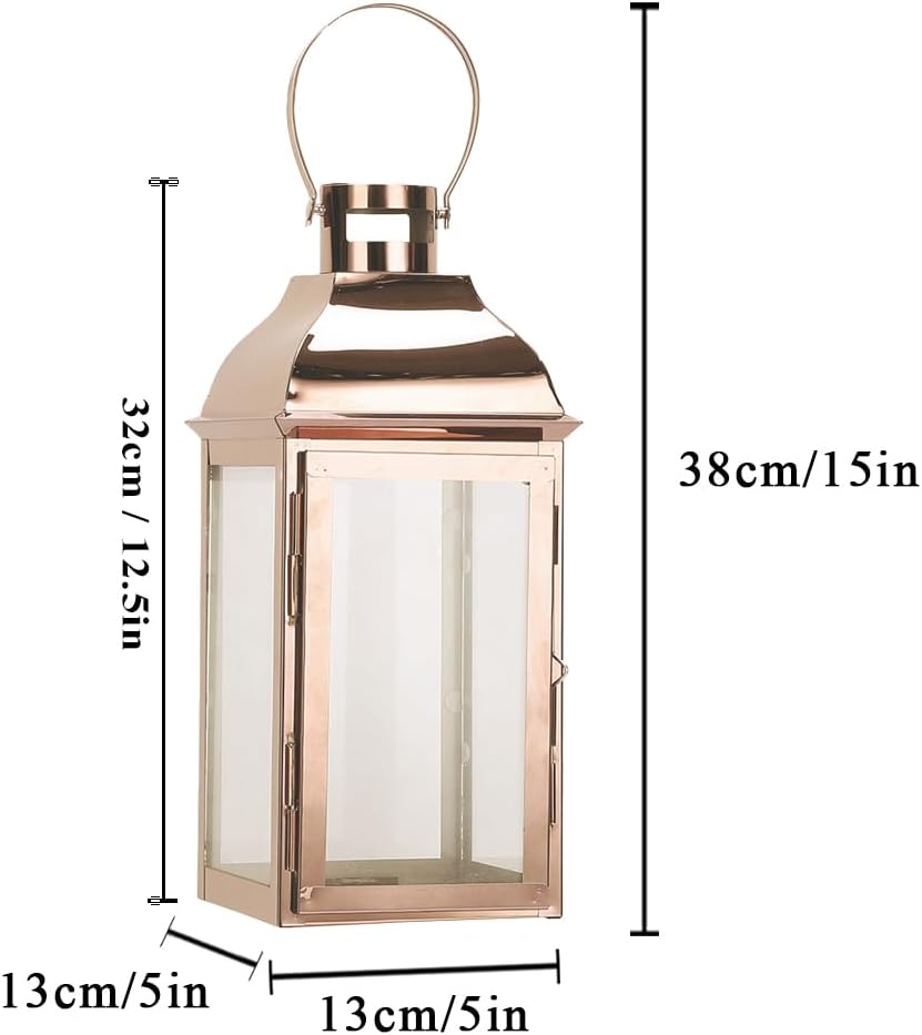 JHY DESIGN Decorative Candle Lanterns 15" High Stainless Steel Candle Lanterns with Tempered Glass for Indoor Outdoor Events Parities and Weddings Vintage Style Hanging Lamps(Rose Gold)