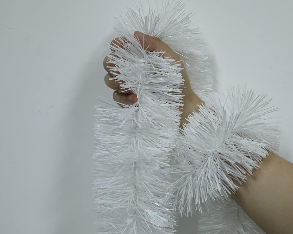 25 ft Long Roll Tinsel Twist Garland, Shiny Metallic Foil Decorations for Halloween, Parade Floats, Christmas Eve, New Year Parties (4" x 25' roll,) (White)