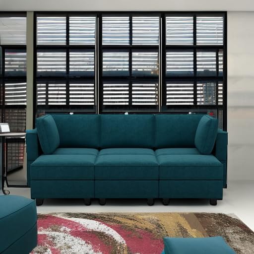 Belffin Terry Fabric Modular Sectional Sleeper Sofa Bed with Storage Convertible Sectional Couches for Living Room 6 Seaters Peacock Blue Modular Sofa
