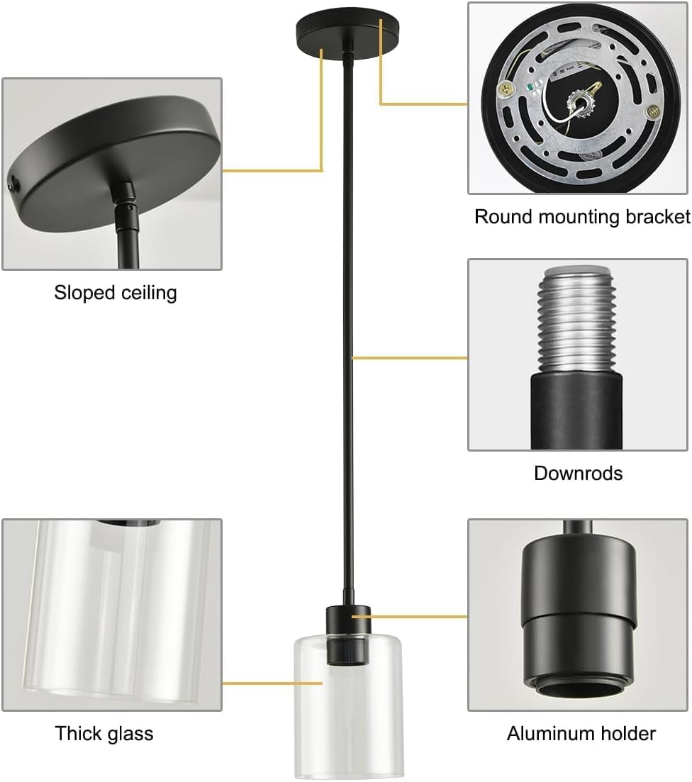 Black Pendant Lights Kitchen Island - Clear Glass Pendant Light Fixture Multiple Stems Rods 3 Units 12 Inch 3 Units 4 Inch (Black 3 Pack Stem Rod)