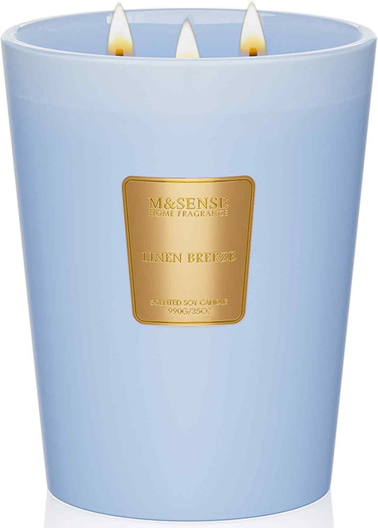 M&SENSE Large Soy Candle Linen Breeze Scented 35oz 150H Burn Time Long Lasting, 3-Wick Natural Aromatherapy Candle, No Toxic Candle Home Fragrance Housewarming Gifts