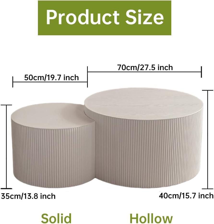 Round Nesting Coffee Table Modern White Fluted Coffee Table Set of 2 Stripe Cream Round Coffee Tables Drum Crescent Side Table Accent End Table for Living Room (White A Large)