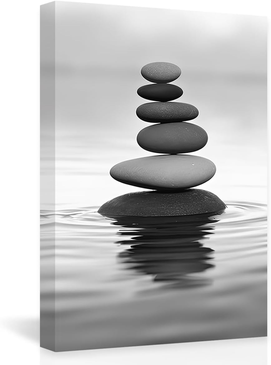 DOARTDO Zen Picture Wall Decor Black and White Zen Stone Canvas Wall Art Spa Stone Picture Print Bathroom Yoga Room Decor Frame (20.00" x 30.00", Zen Stone - 2)