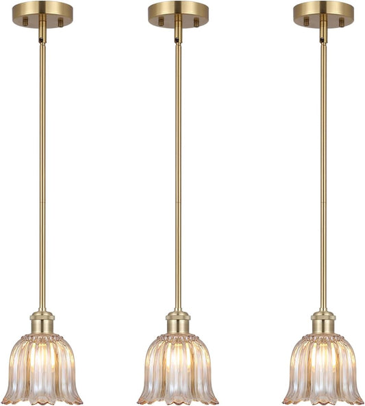 Modern Gold Pendant Light 3 Pack Brushed Brass Mid Century Chandelier Amber Glass Shades Adjustable Rods Farmhouse Ceiling Hanging Lighting Fixture Kitchen Island Dining Room Bedroom