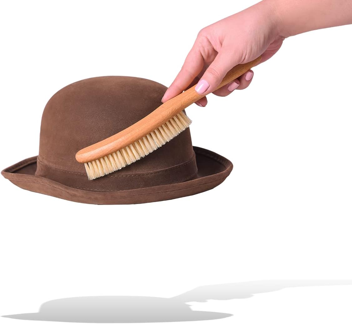 Valentino Garemi Traditional Hat Cleaning Brush | Remove Dust, Dry Stains, Rain Spots, Sweat Marks, Pet or Human Hair | Genuine Boar Hair Made in Germany (White Bristles)