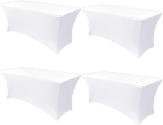 Obstal 8ft Stretch Spandex Table Cover - 4 Pack Universal Rectangular Fitted Tablecloth Protector for Wedding, Banquet and Party, White