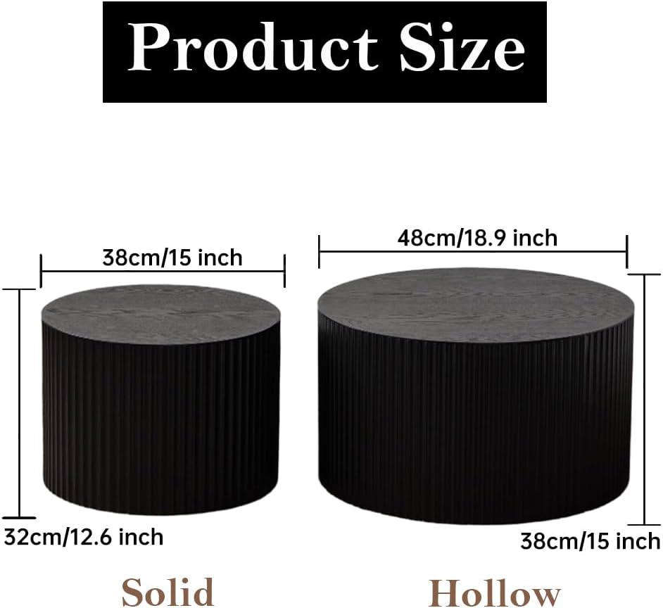 Round Nesting Coffee Table Set of 2 Modern Black Fluted Coffee Table Small Round End Table Side Table Circular Coffee Tables Circle Nested Coffee Tables for Living Room (Black Small)