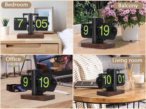 Flip Desk Clock, Retro Vintage Flip Desk Table Clock, Digital Sided Large Numbers Mechanical Flip Clock Wood Base for Living Room, Study Room and Office（Frosted Black）