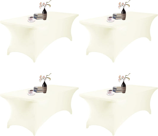 4Pack Spandex Waterproof Table Covers 8ft，Spandex 8ft Waterproof Table Cover for Party,Wedding, Banquet, and Events(Ivory)