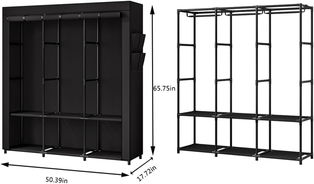SORCEDAS Portable Closet Wardrobe Storage Organizer Metal Hanging Rack Non-Woven Fabric 50 Inch (Black)