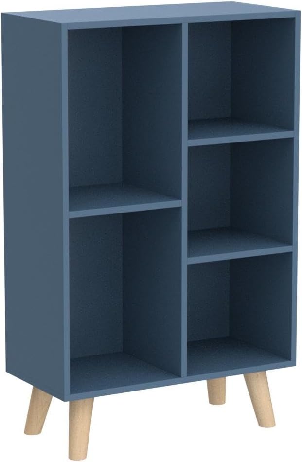 IOTXY Wooden Open Shelf Bookcase - 3-Tier Floor Standing Display Cabinet Rack with Legs, 5 Cubes Bookshelf, Bright Blue