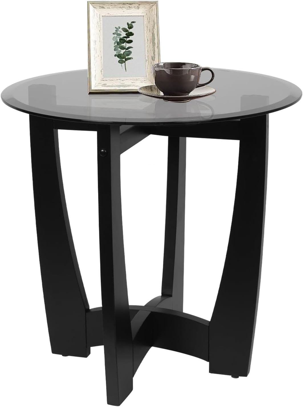 Glass End Table, 23.5" Round Side Tables with Black Tempered Glass Top Cross and Solid Wood Base Small Night Stand for Living Room Office Apartment Black