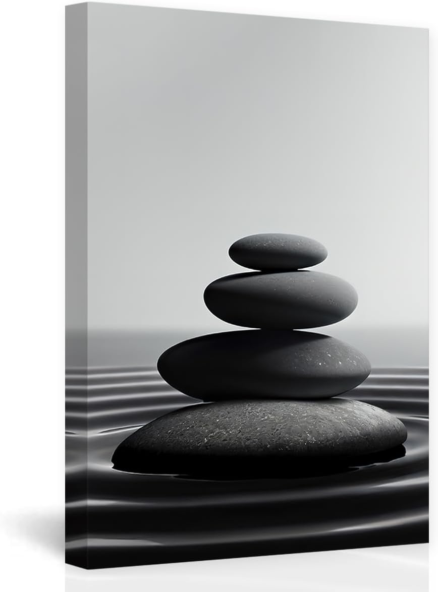 DOARTDO Zen Stone Canvas Wall Art Black and White Spa Stones Picture Print Modern Meditation Spirit Bathroom Decor Frame (12.00" x 18.00", Zen Stone - 1)