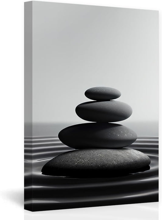 DOARTDO Zen Stone Canvas Wall Art Black and White Spa Stones Picture Print Modern Meditation Spirit Bathroom Decor Frame (12.00" x 18.00", Zen Stone - 1)