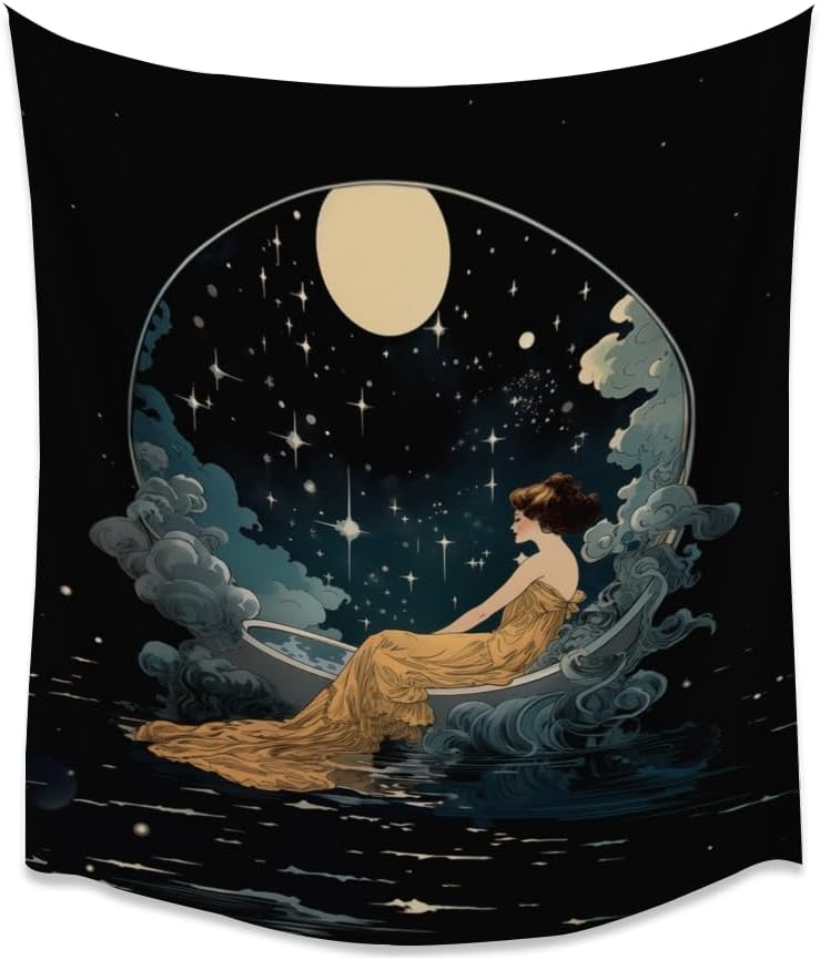 Dark Academia Tapestry Celestial Moonlit Bathing Lady Print Trendy Aesthetic Gothic Wall Hanging Vintage Art Nouveau Tapestries Wall Decor for Bedroom Living Room Dorm 70x90inch