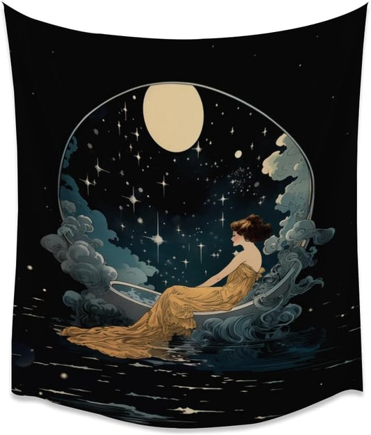 Dark Academia Tapestry Celestial Moonlit Bathing Lady Print Trendy Aesthetic Gothic Wall Hanging Vintage Art Nouveau Tapestries Wall Decor for Bedroom Living Room Dorm 30x40inch